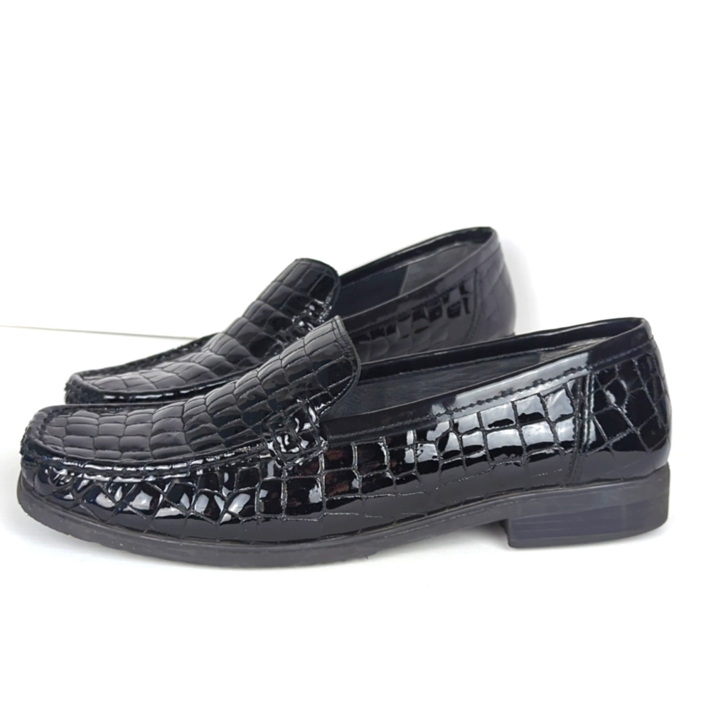ARA Men's Penny Moccasins Black Crocodile Patent Leather Size 6.5